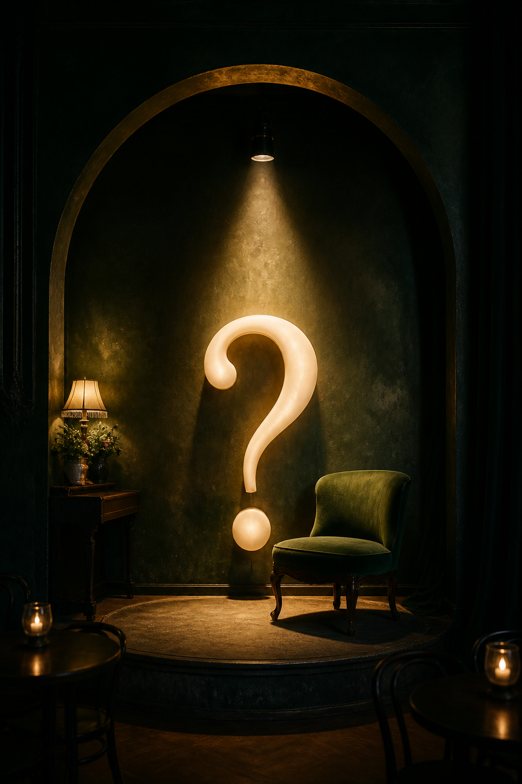 A softly lit question mark beside an empty chair, hinting at the next Matcha Mondays announcement.